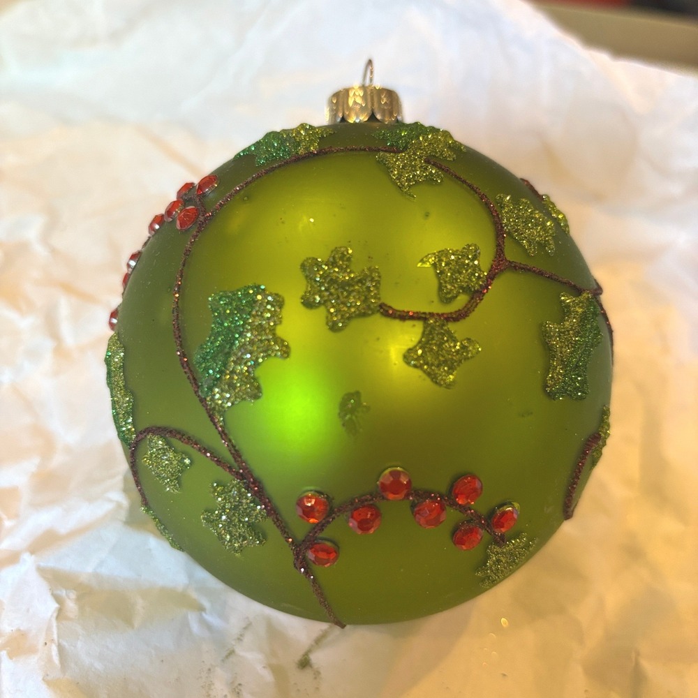 Satin Green Holly Leaves Red Rhinestone Berries Large Glass Christmas Ornament